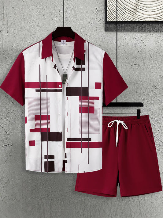 Men's Burgundy Geometric Print Casual Set