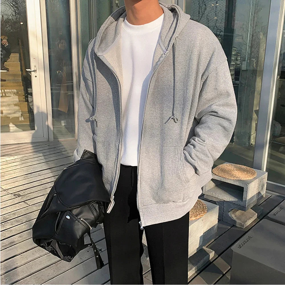 High Street Hoodie Men Solid Color Zip up