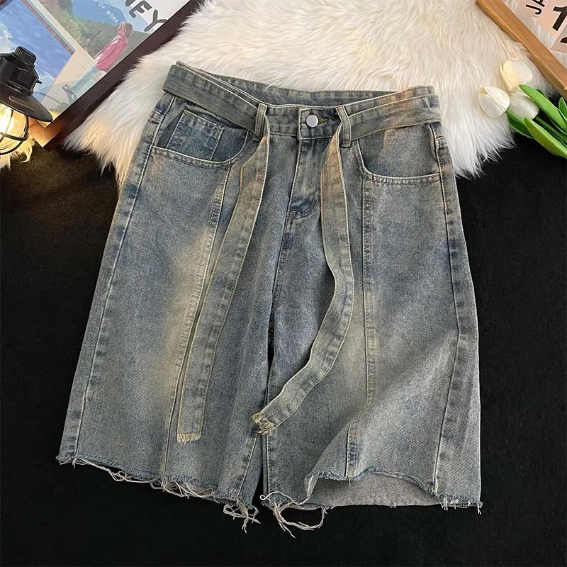 Summer Thin Fringed Denim Shorts Mens