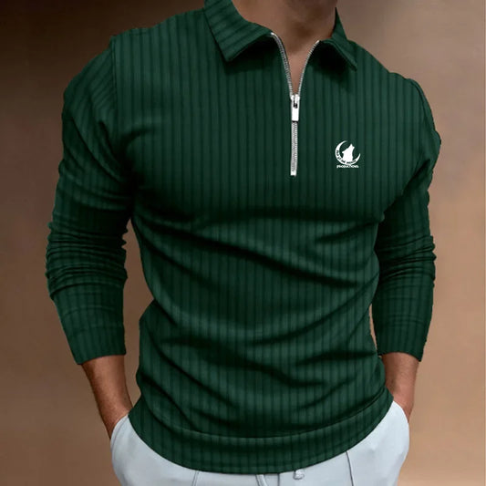 Long Sleeve Zipper Stripe, Casual Men Polo Shirt